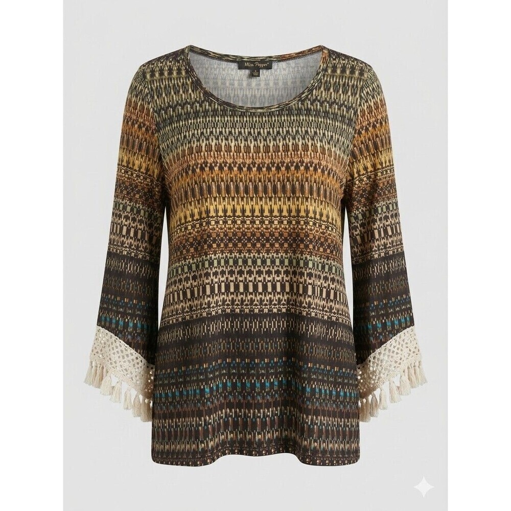 Melissa Paige Boho Geometric Print Top Large Crochet Fringe Bell Sleeve...